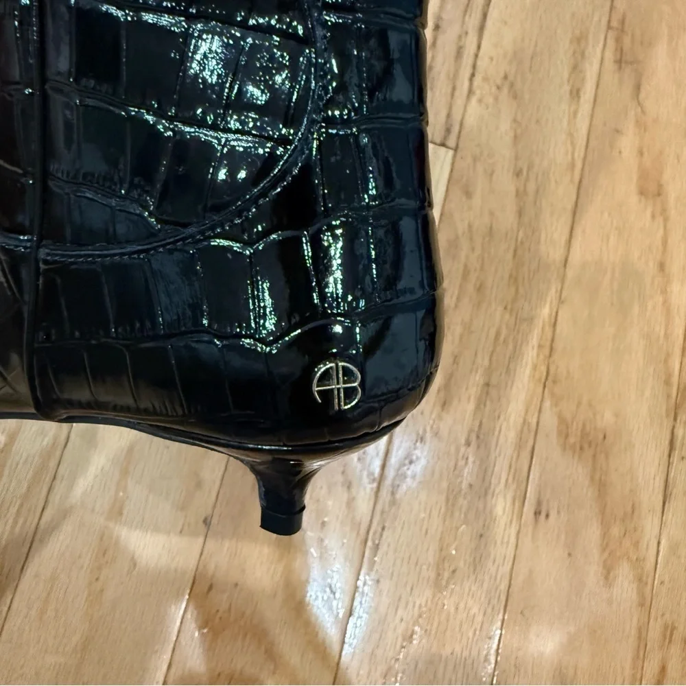 Anine Bing Black Croc-Embossed Knee-High Boots size 38